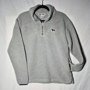 Victoria Secret PINK Quarter Zip Teddy Sherpa Pullover Sweatshirt Grey XS
